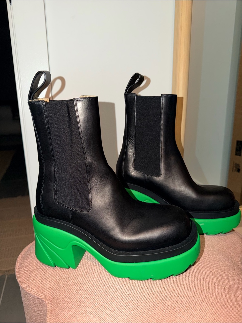 Bottega Veneta Black Leather Chelsea Boots with Green Platform